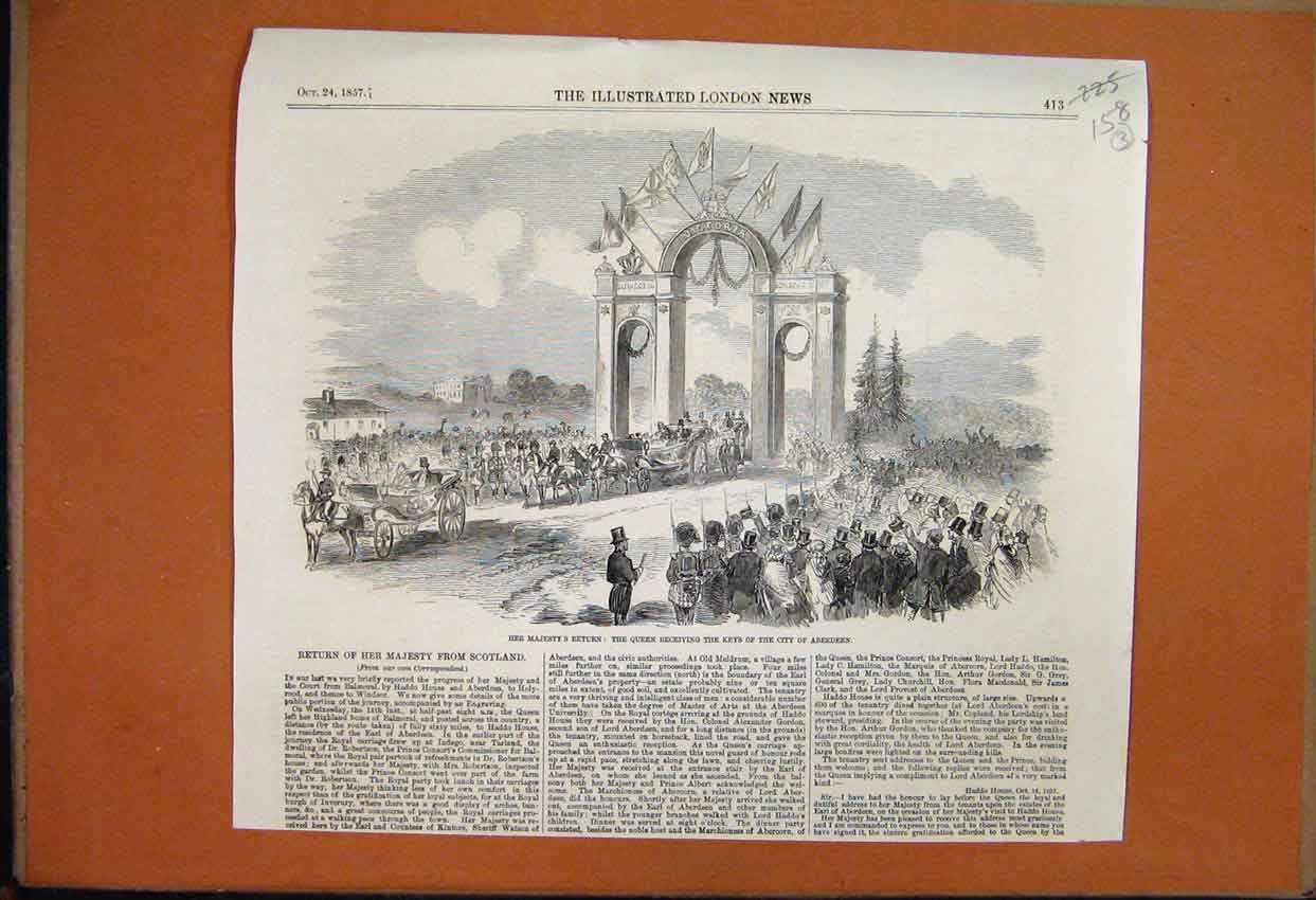 Original Old Antique Print 1857 Queen Victoria Receive Keys To City Aberdeen