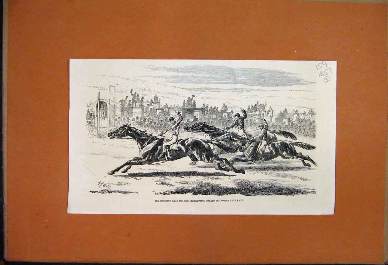 Original Old Antique Print 1857 Cesarewitch Stakes Deciding Heat Horses 19th