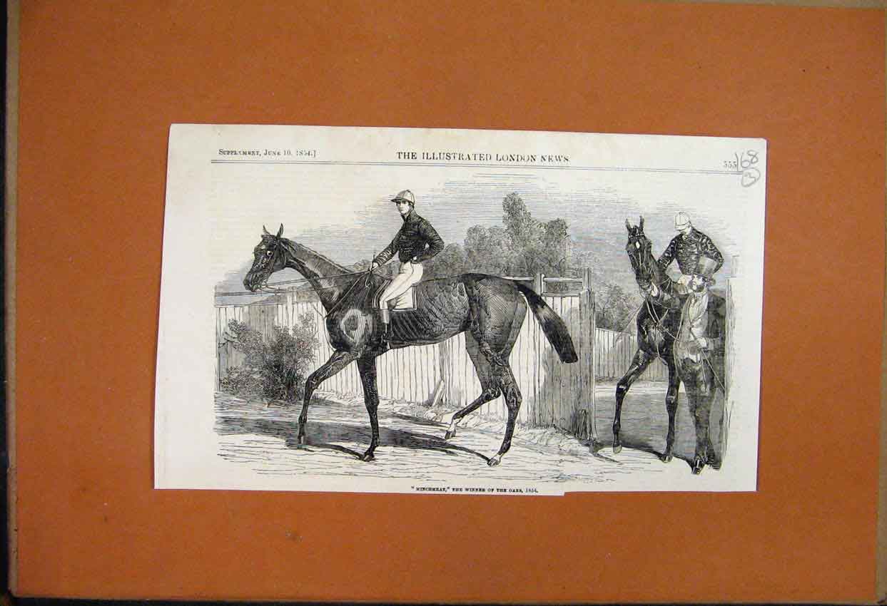 Original Old Antique Print 1854 Mincemeat Winner Oaks Race Horse Jockey 19th