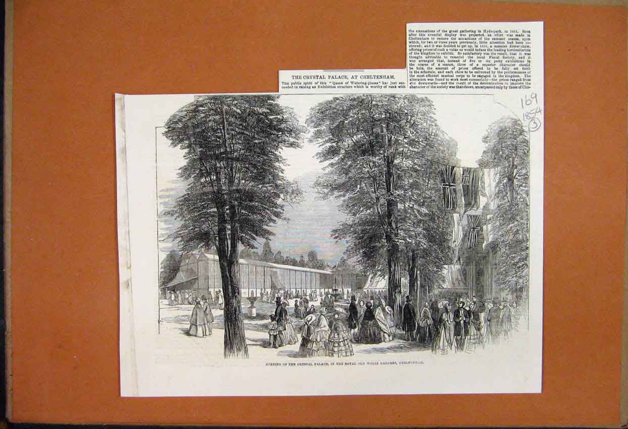 Original Old Antique Print 1854 Opening Crystal Palace Wells Garden Cheltenham