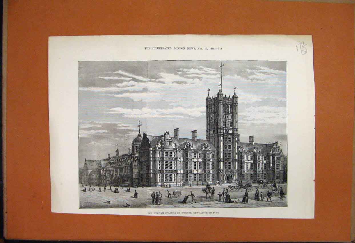 Original Old Antique Print 1888 Durham College Science Newcastle On Tyne 19th