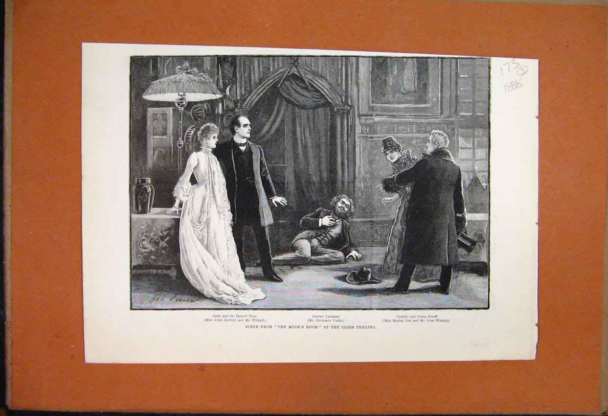 Original Old Antique Print 1888 Scene The Monks Room Globe Theatre Erne Zoroff