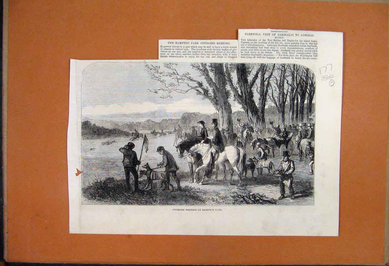 Original Old Antique Print 1860 Course Meeting Hampton Park Horses Dogs Text