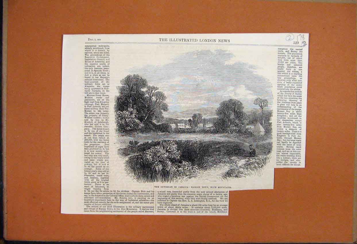 Original Old Antique Print 1865 Maroon Town Blue Mountains Jamaica Victorian