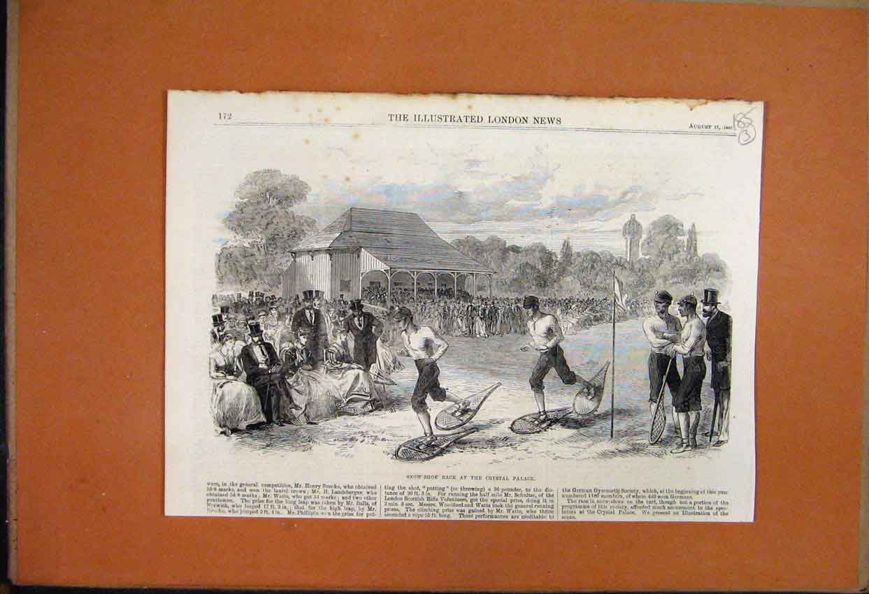 Original Old Antique Print 1867 Snow Shoe Race Cyrstal Palace Men Running 19th
