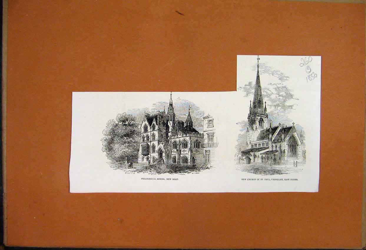 Original Old Antique Print 1856 Philological School New Road St Pauls Umballah