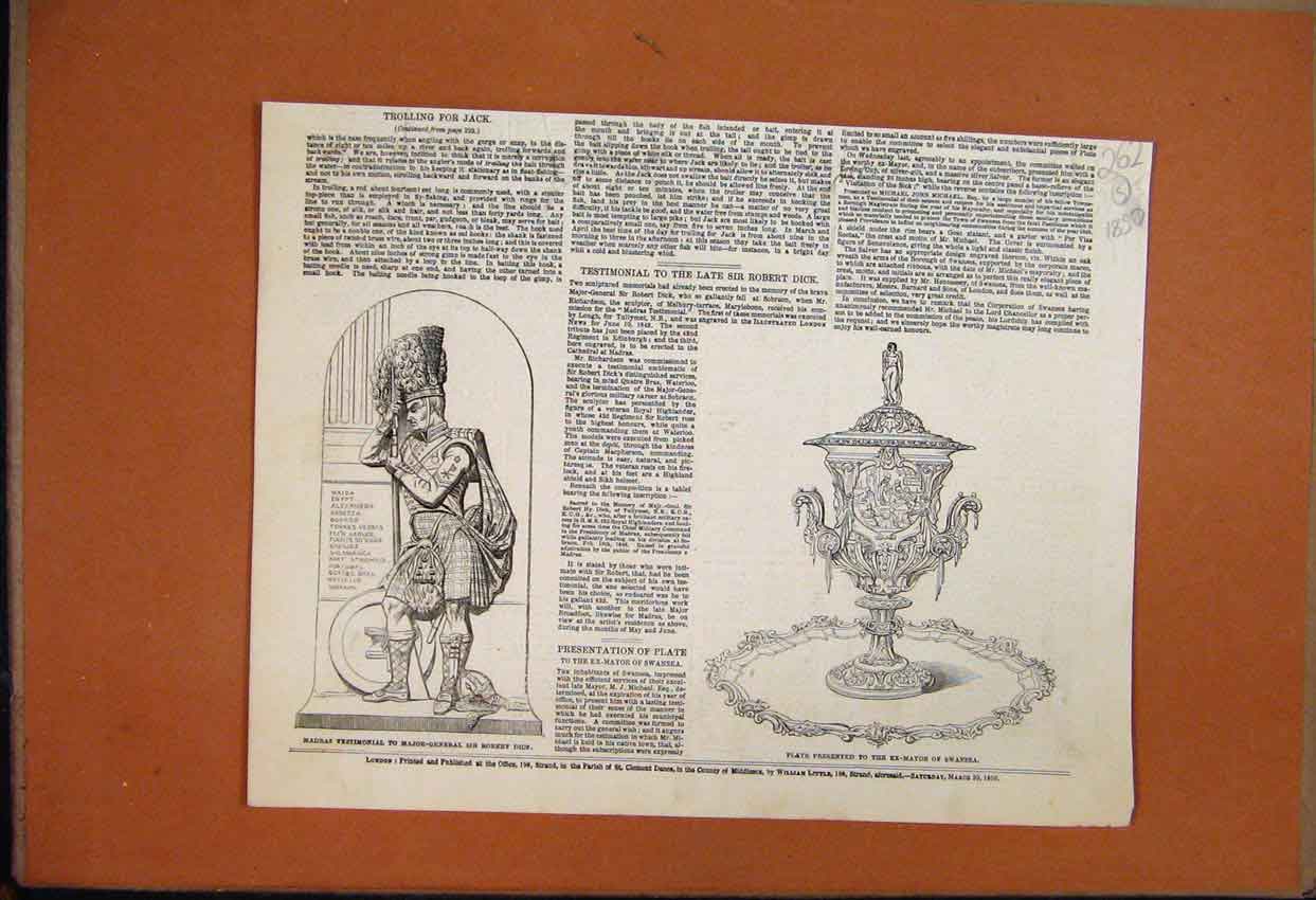 Original Old Antique Print 1850 Madras Testimonial Robert Dick Royal Highlander