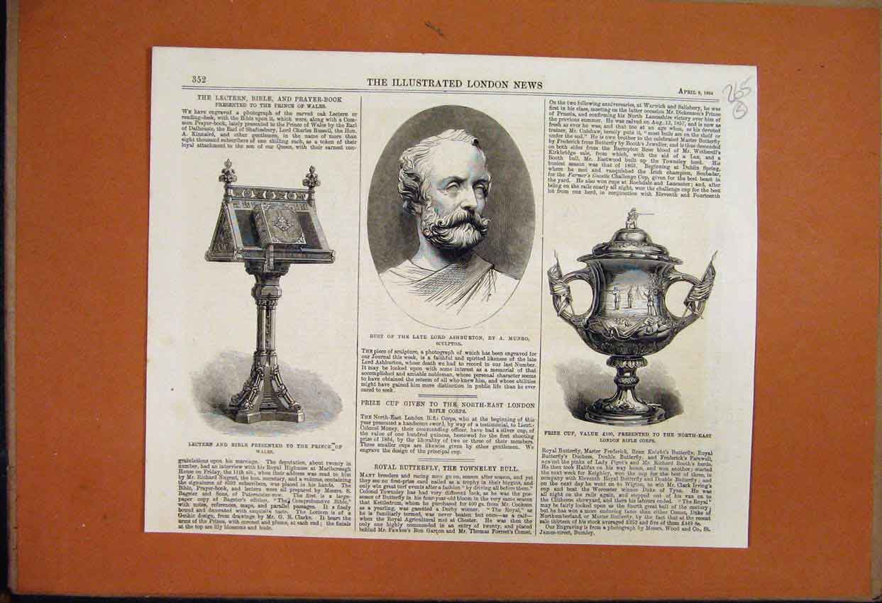 Original Old Antique Print 1864 Lectern Bible Ashburton London Rifle Corps Cup