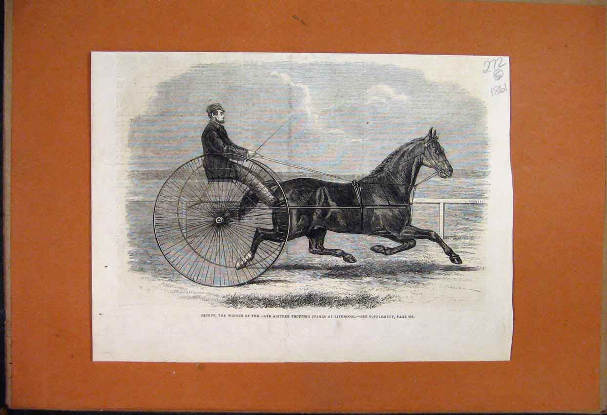 Original Old Antique Print 1861 Jackey Winner Aintree Trotting Race Liverpool