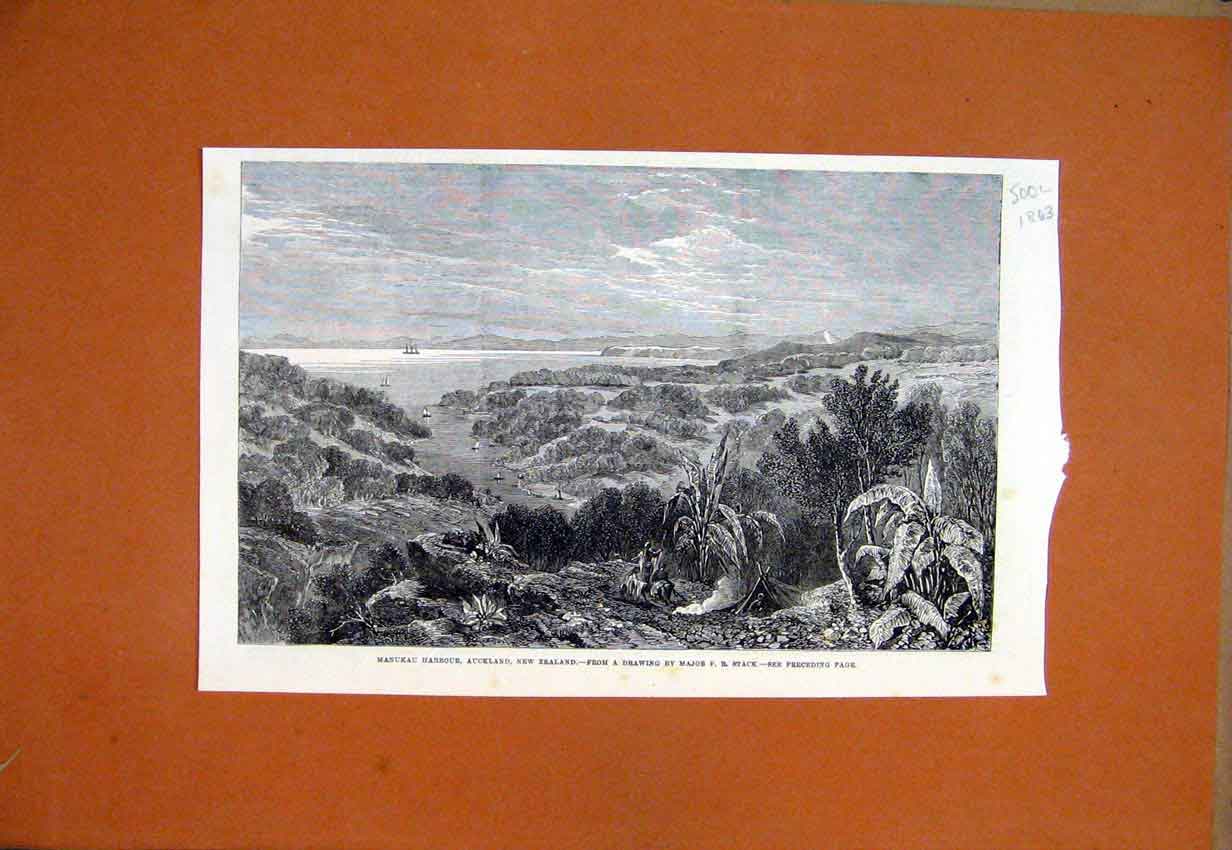 Original Old Antique Print 1863 Manukau Harbour Auckland New Zealand Country