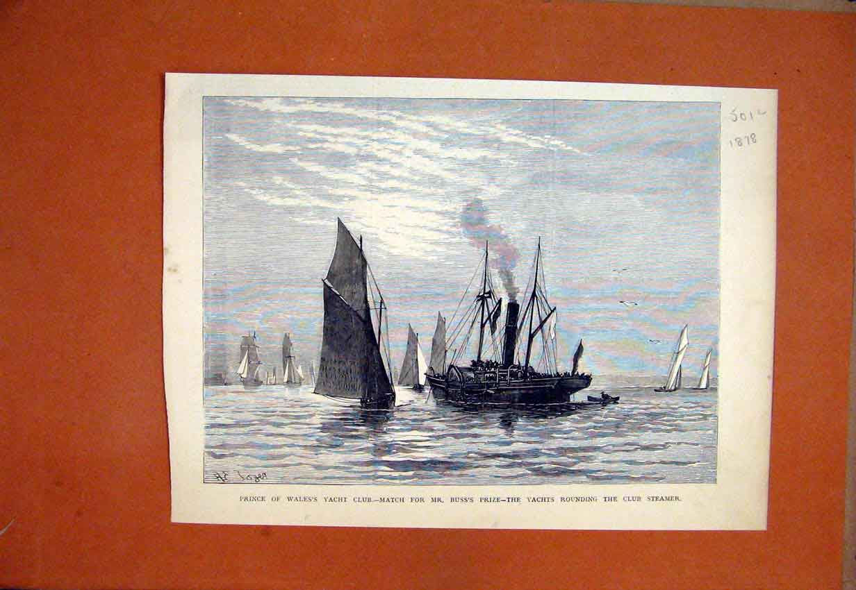 Original Old Antique Print 1878 Prince Wales Yacht Club Buss Prize Club Steamer