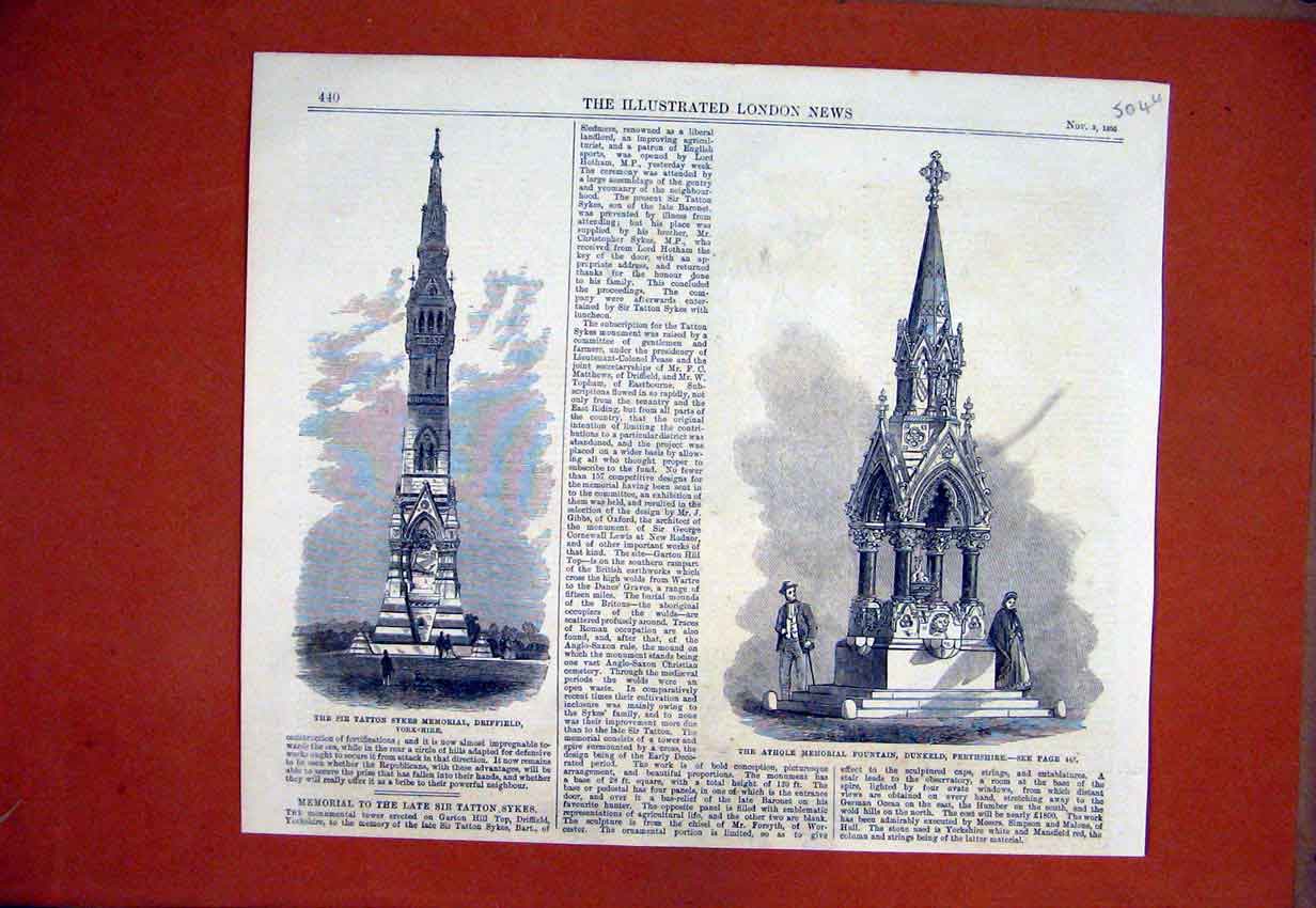 Old Antique Print Athole Memorial Fountain Perthshire 1866 Tatton Sykes 19th