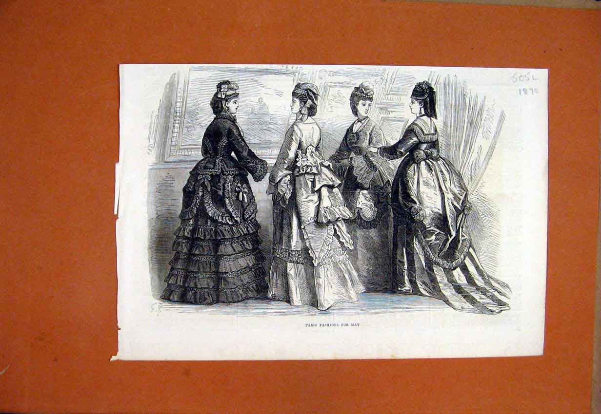 Original Old Antique Print Paris Fashions May 1870 Beautiful Dresses Victorian