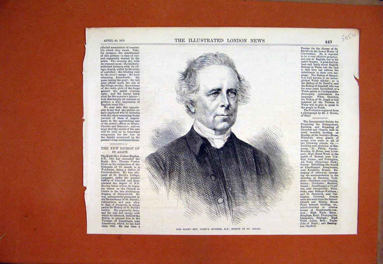 Original Old Antique Print 1870 Portrait Right Rev. Joshua Hughes Bishop Asaph
