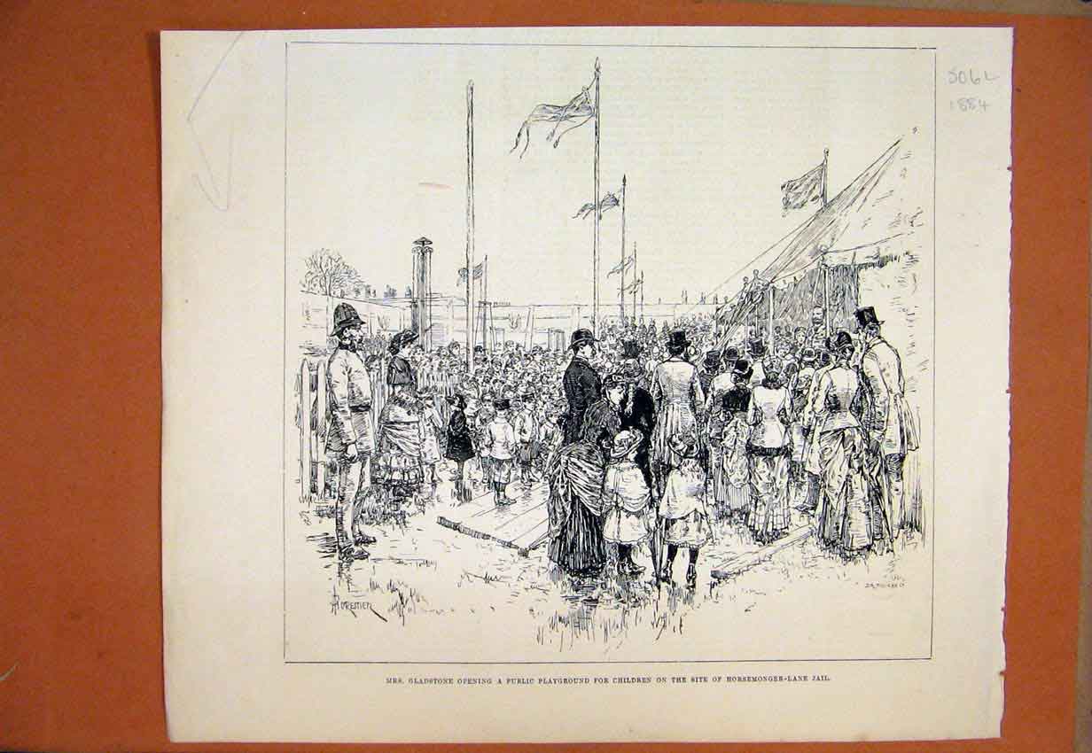 Antique Old Print *0027 1884 Gladstone Public Playground Children Horsemonger