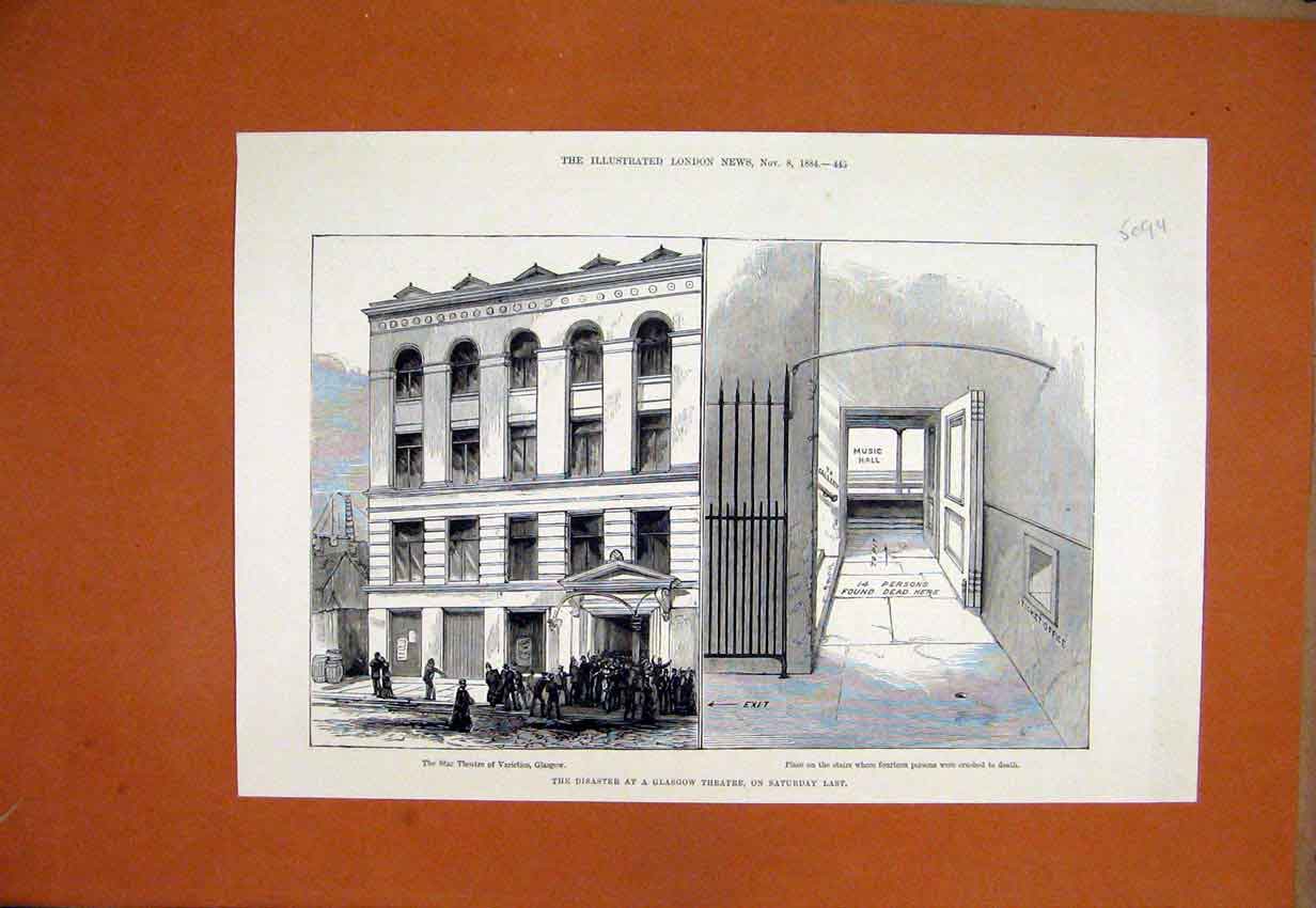 Old Antique Print 1884 Disaster Glasgow Star Theatre People Crushed Dead 19th