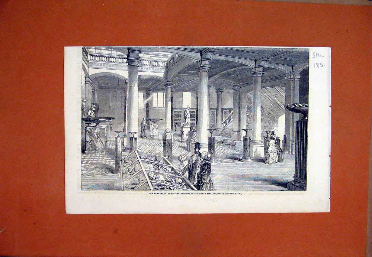 Original Old Antique Print 1851 Museum Practical Geology Great Hall Victorian