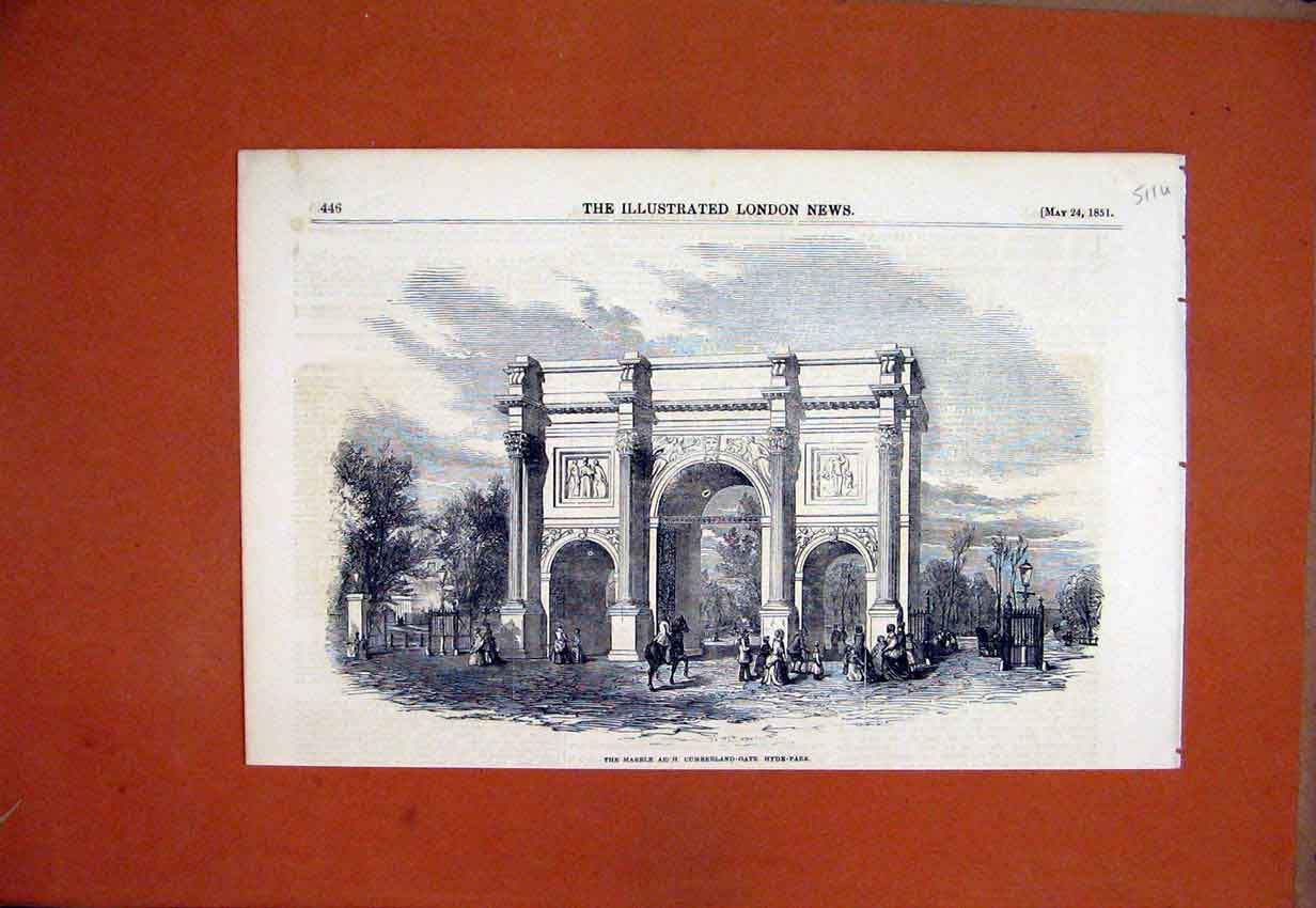 Old Antique Print Marble Arch Cumberland-Gate Hyde Park Horse Trees 1851 19th