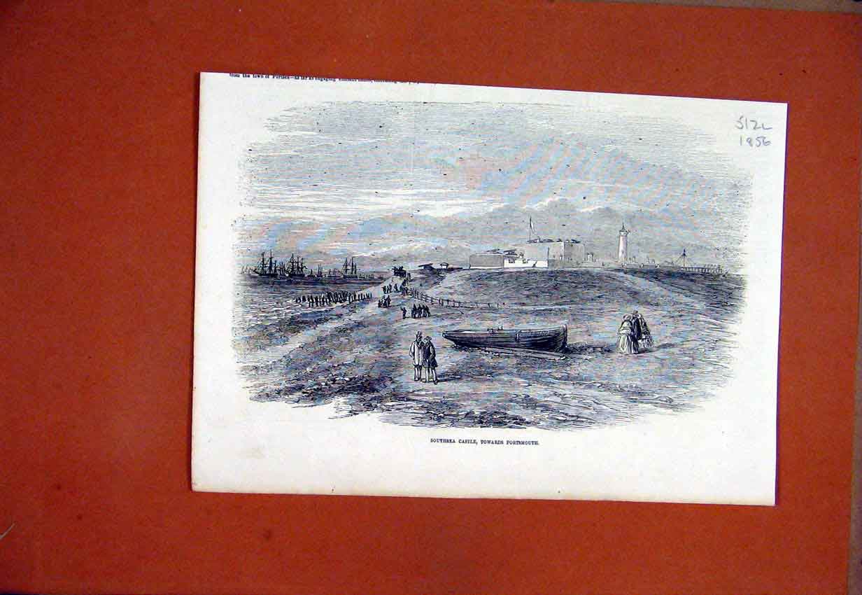 Original Old Antique Print 1856 Southsea Castle Portsmouth Ship Lighthouse Sea