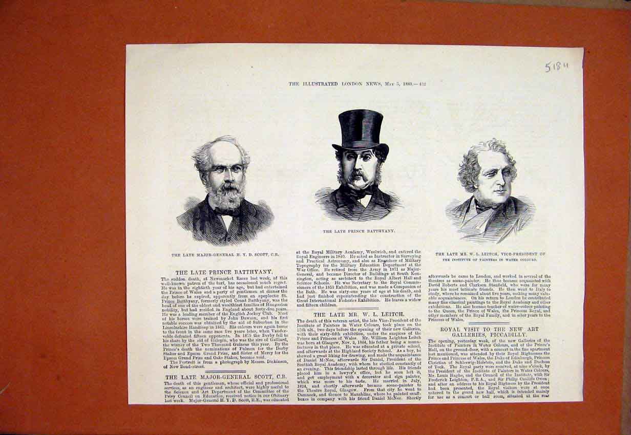 Original Old Antique Print 1883 Portrait Prince Batthyany Leitch General Scott