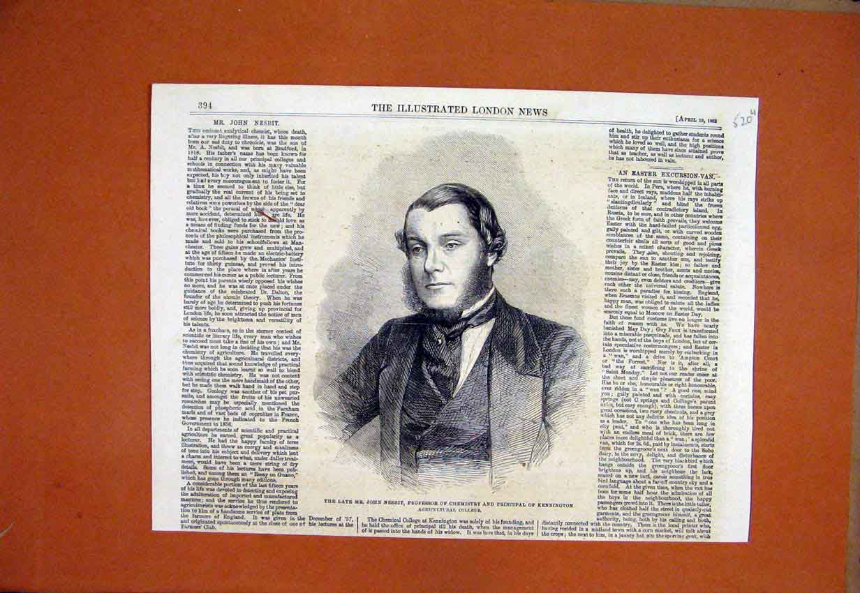 Old Antique Print 1862 Portrait John Nesbit Professor Chemistry College 19th