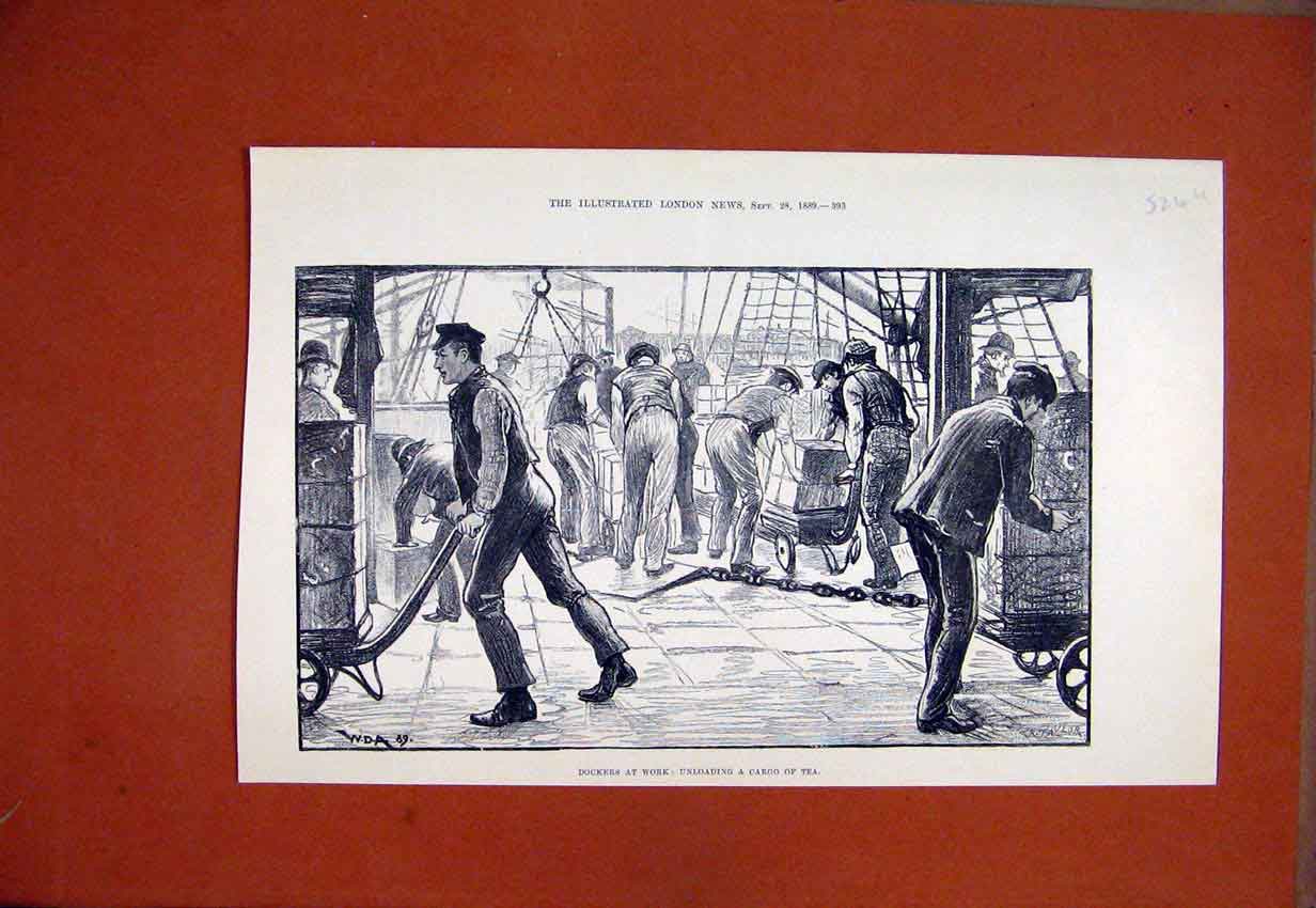 Original Old Antique Print Dockers Work Unloading Cargo Tea 1889 Ship Sketch