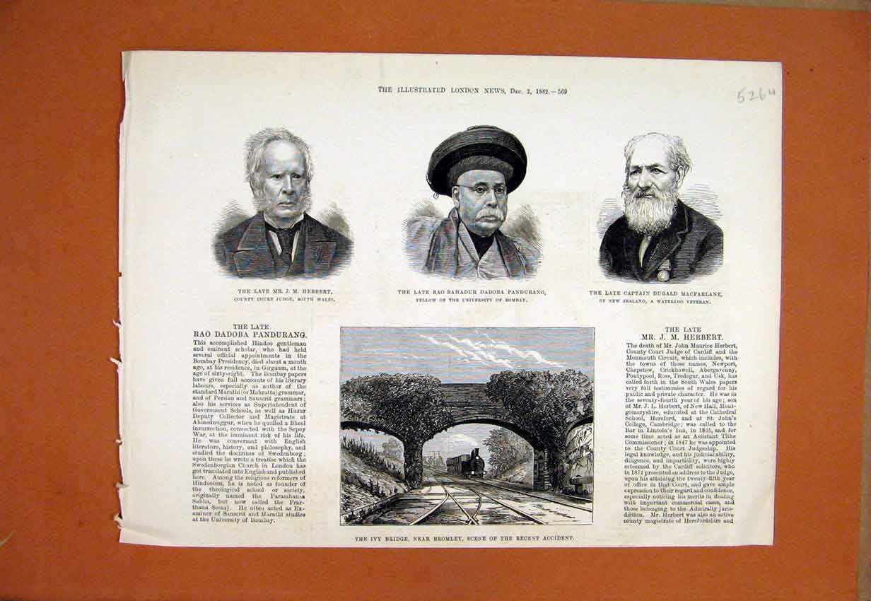 Original Old Antique Print Ivy Bridge Bromley Railway Train 1882 Herbert Dadoba