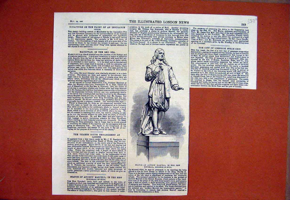 Old Antique Print 1867 Statue Andrew Maevell New Townhall Kingston Hull 19th
