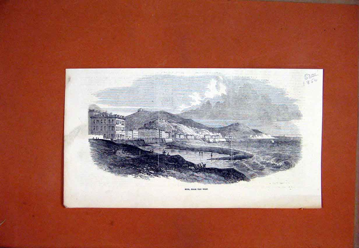 Original Old Antique Print 1854 Scene Nice France West Buildings Fishing 19th