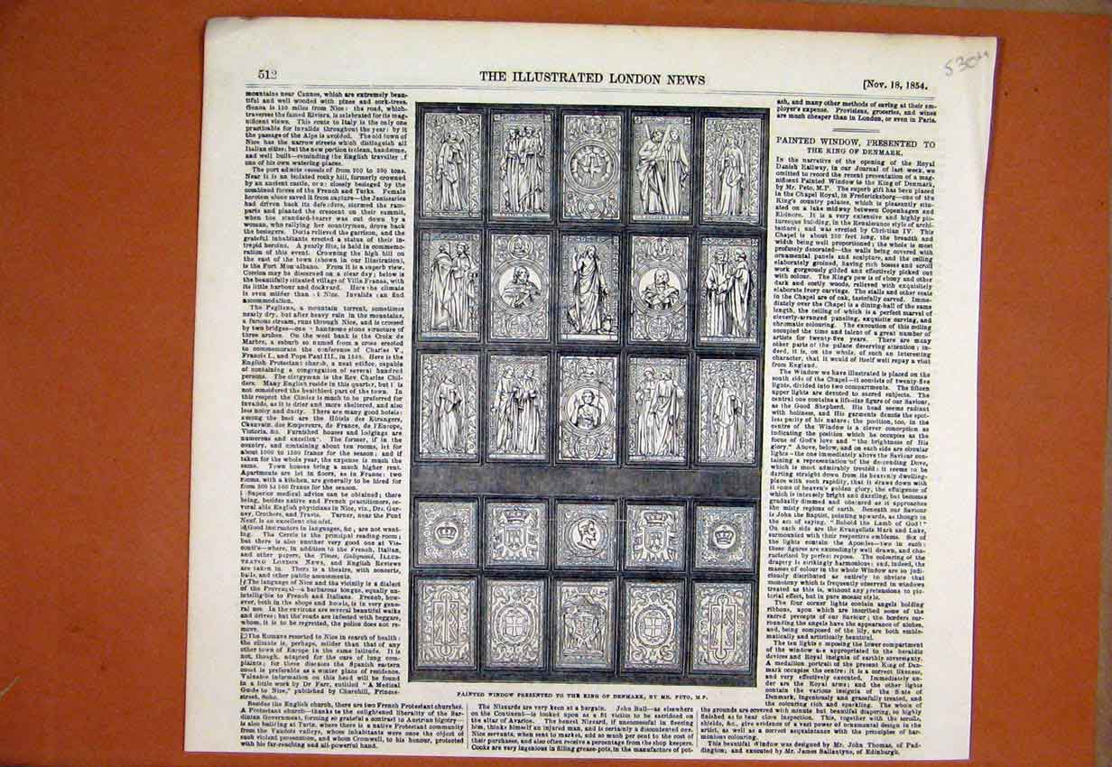 Original Old Antique Print 1854 Painted Window Presented King Denmark Victorian