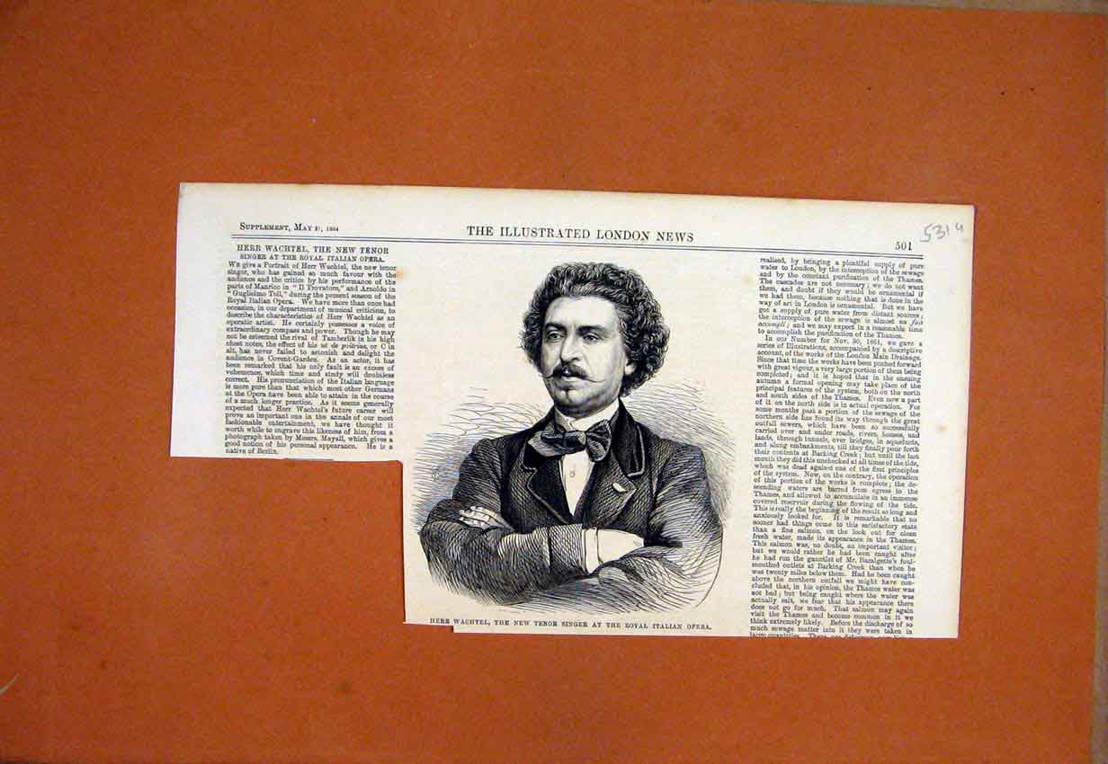 Old Antique Print 1864 Portrait Herr Wachtel Tenor Singer Italian Opera 19th