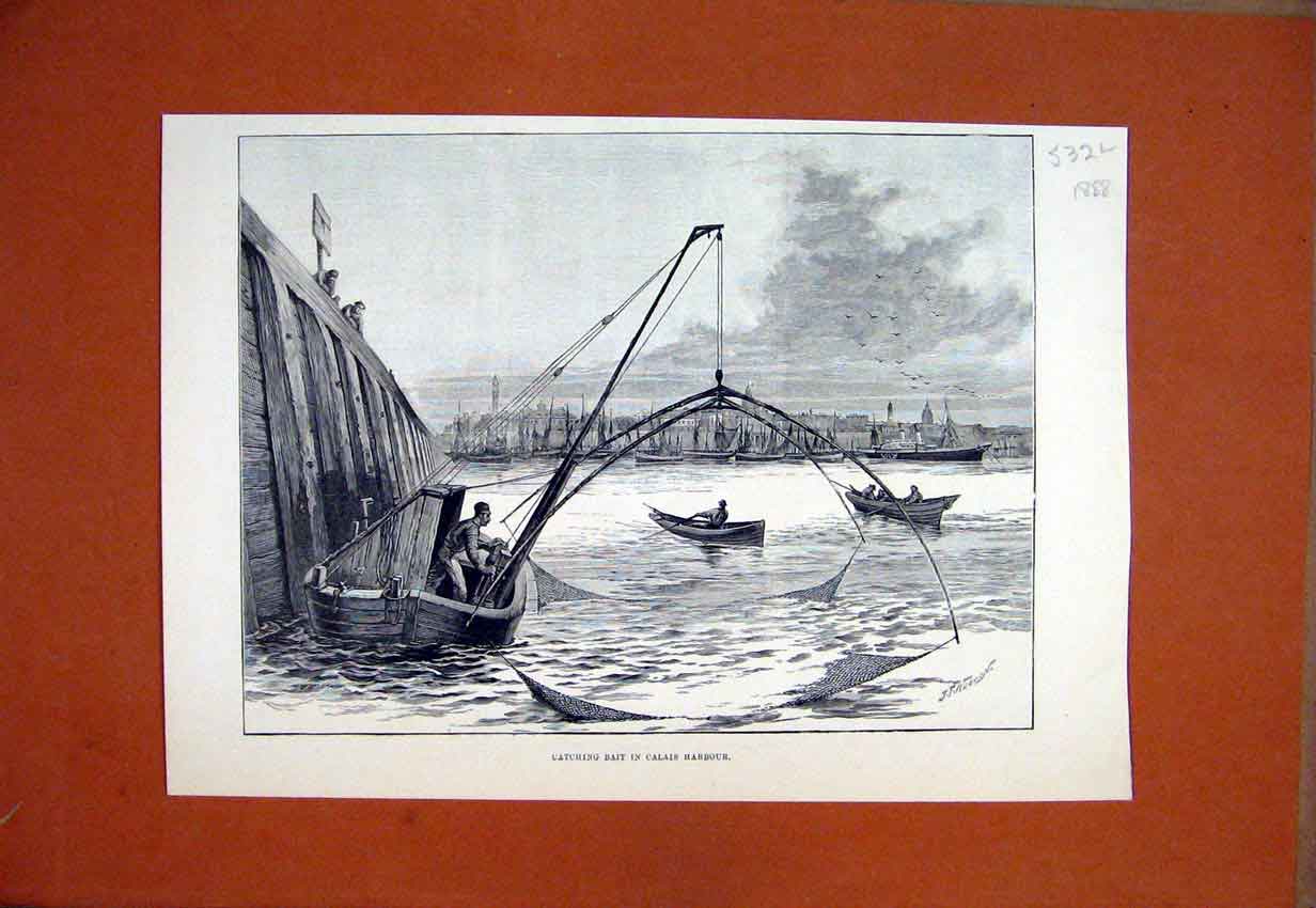Original Old Antique Print 1888 Catching Bait Calais Harbour Fishing Boats Sea