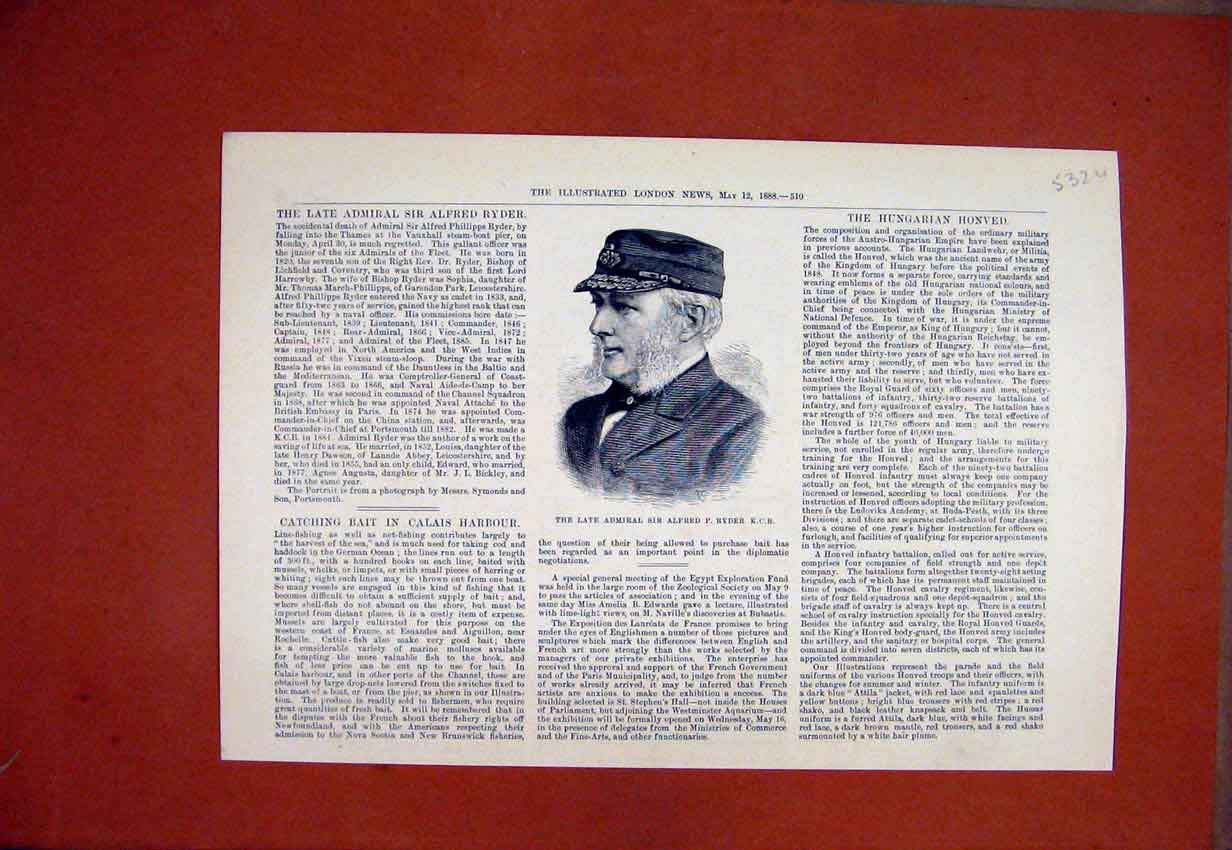 Original Old Antique Print 1888 Portrait Late Admiral Alfred Ryder Officer 19th
