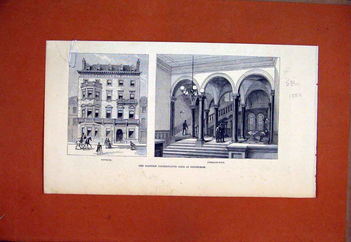 Old Antique Print 1884 Scottish Conservative Club Edinburgh Entrance Hall 19th