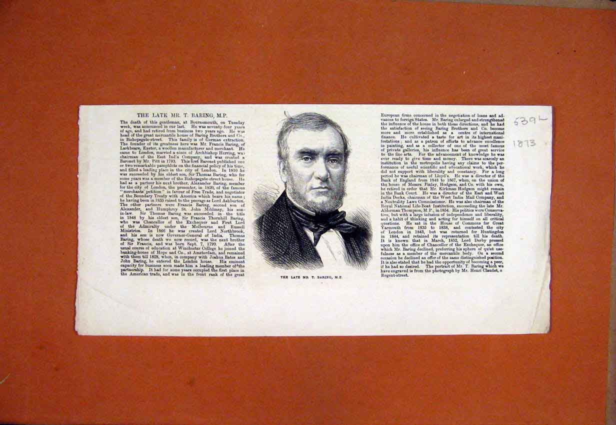 Original Old Antique Print 1873 Portrait Late Mr Baring M.P. Mercantile House