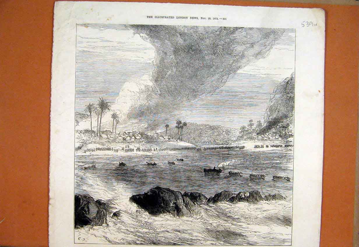 Original Old Antique Print 1873 War GCoast Destruction Ampenee Akimfoo 19th
