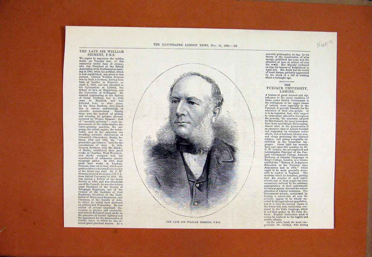 Original Old Antique Print Portrait Late Sir William Siemens F.R.S. 1883 19th
