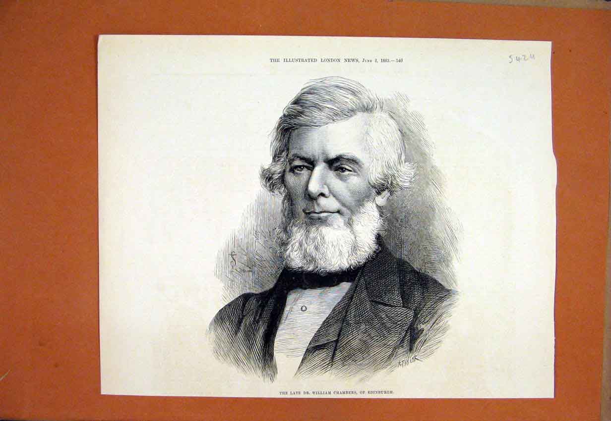 Original Old Antique Print Portrait Late William Chambers Edinburgh 1883 19th