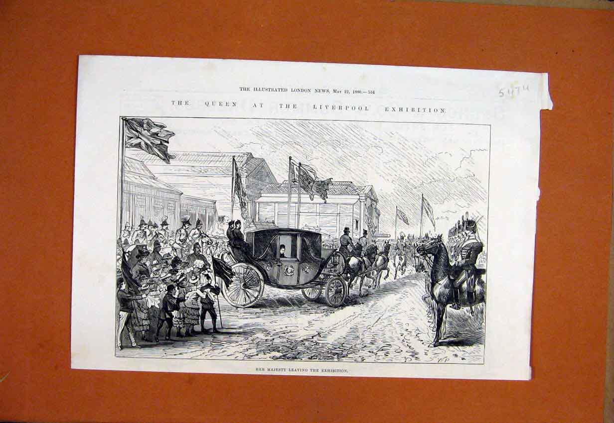 Old Antique Print Majesty Queen Liverpool Exhibition 1886 Horse Carriage 19th