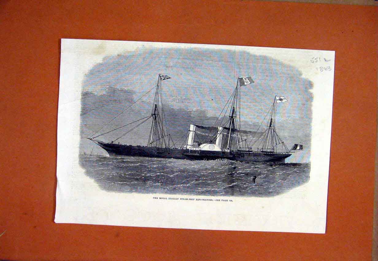Original Old Antique Print 1863 Royal Italian Steam-Ship Esploratore Sea Scene
