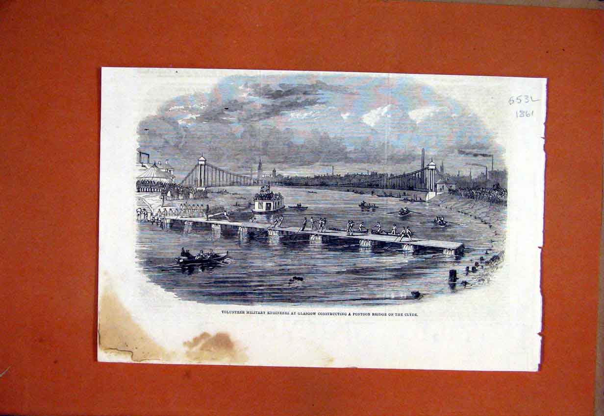 Original Old Antique Print 1861 Military Engineers Glasgow Pontoon Bridge Clyde