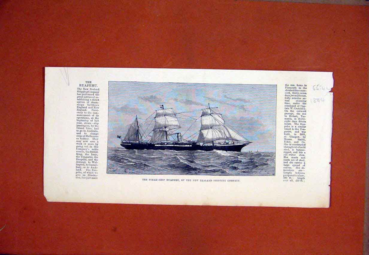 Original Old Antique Print 1884 Steam-Ship Ruapehu New Zealand Shipping Company