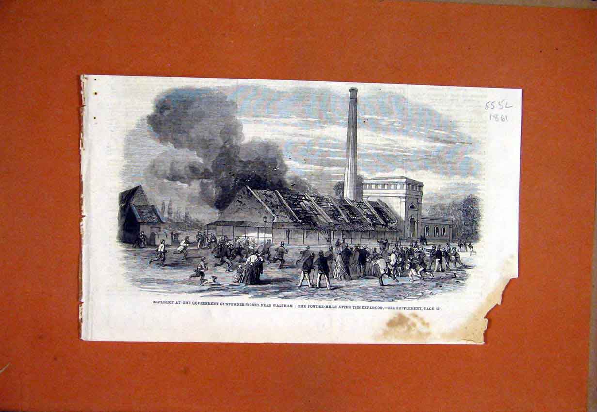 Original Old Antique Print 1861 Explosion Government Gunpowder Works Waltham