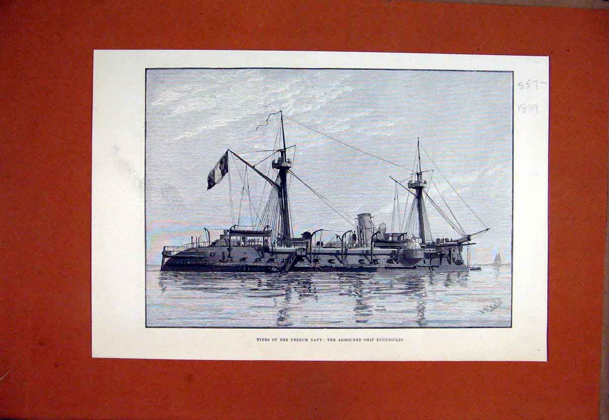 Original Old Antique Print 1889 Types French Navy Armoured Ship Duguesclin Sea