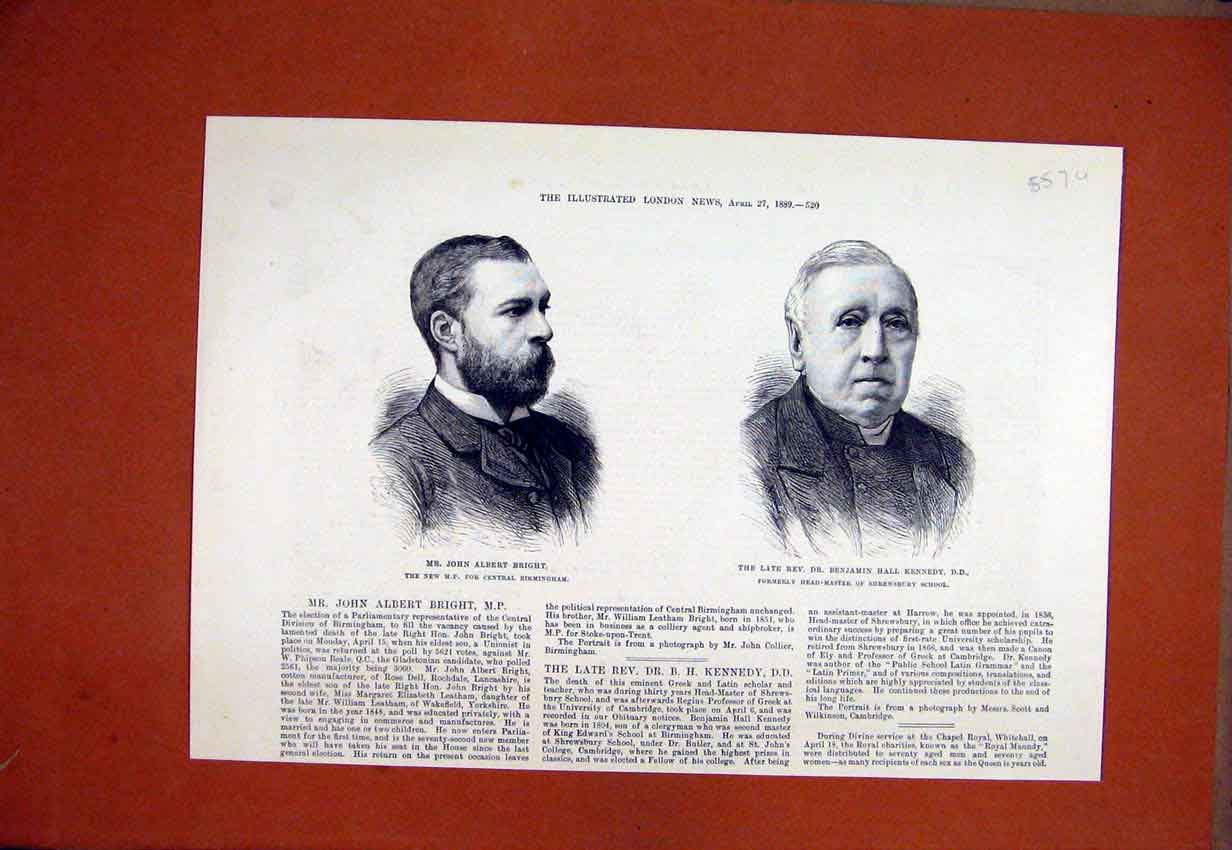 Old Antique Print 1889 Portrait John Albert Bright Benjamin Hall Kennedy 19th