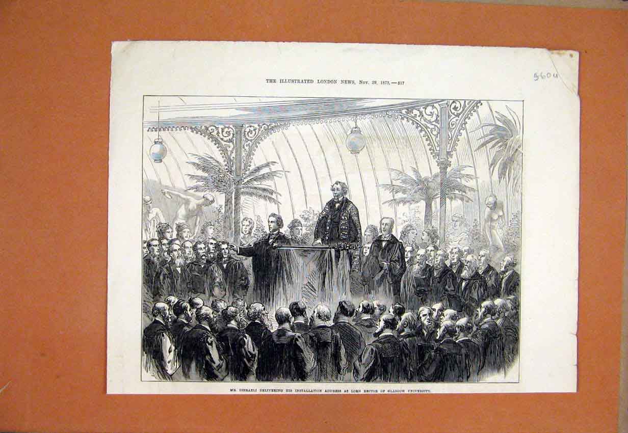 Original Old Antique Print 1873 Disraeli Address Lord Rector Glasgow University