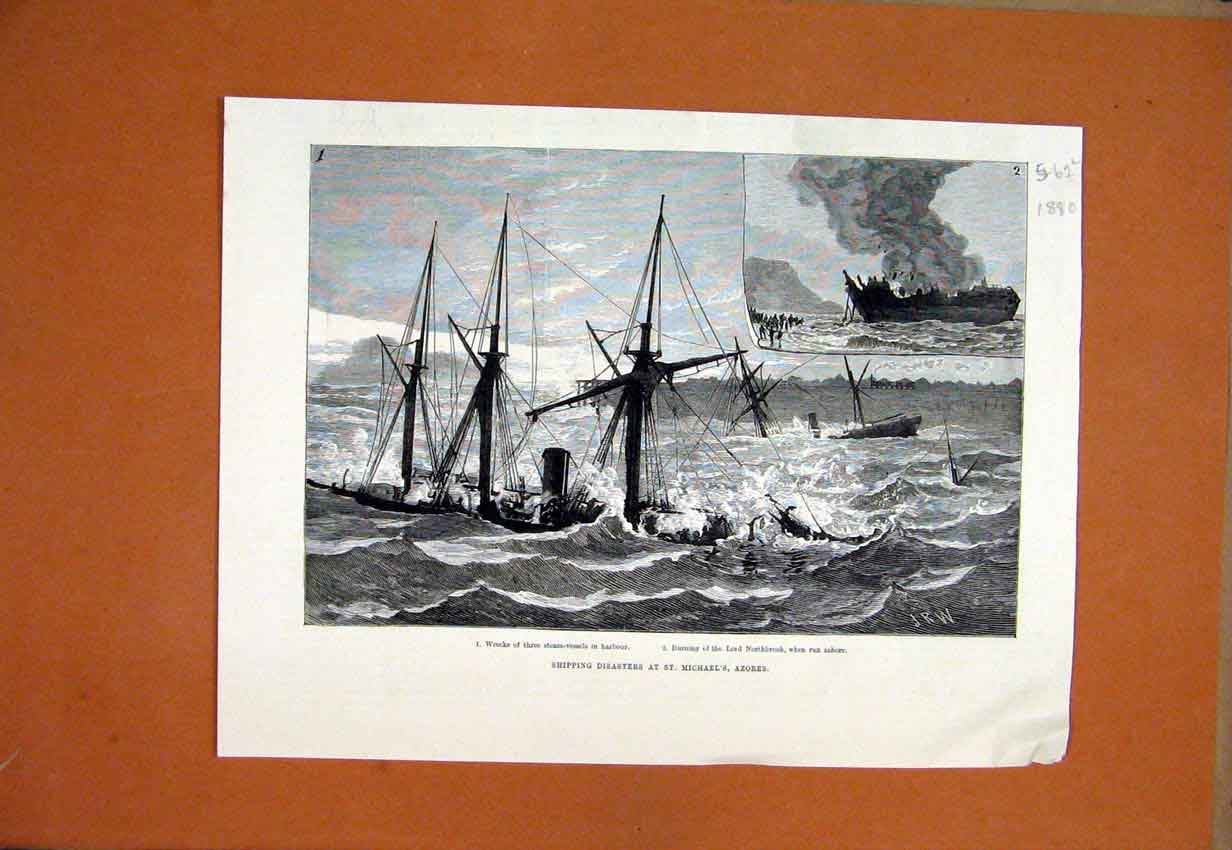 Old Antique Print 1880 Shipping Disaster St. Michaels Azores Northbrook 19th
