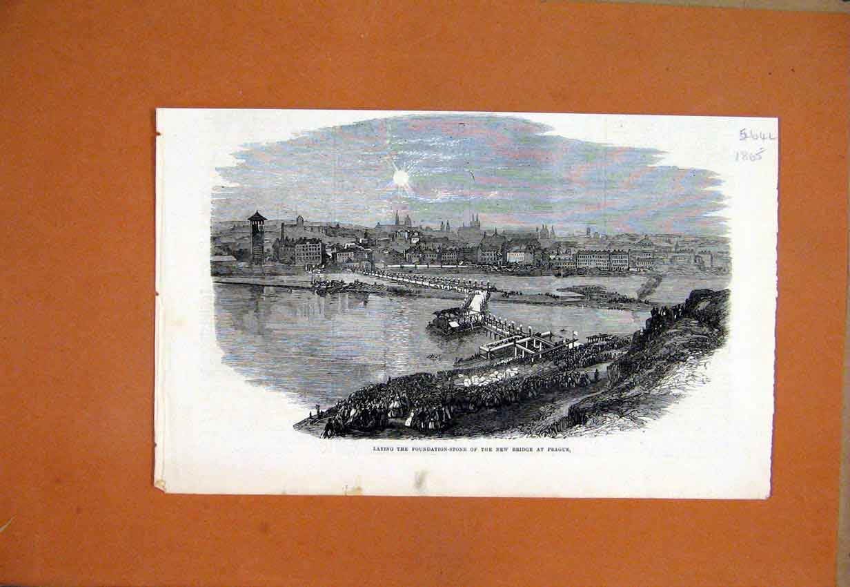 Original Old Antique Print 1865 Laying Foundation-Stone New Bridge Prague River