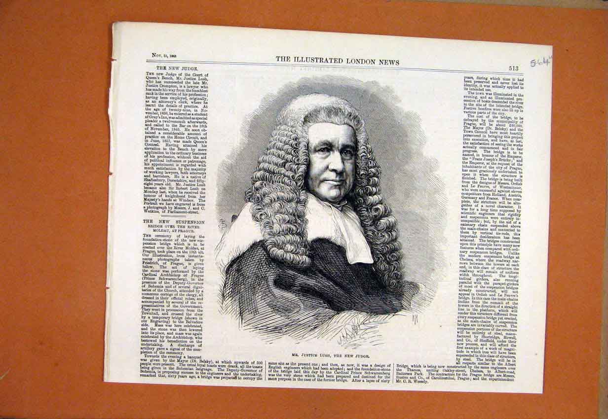 Original Old Antique Print 1865 Portrait Mr Justice Lush New Judge Wig Robes