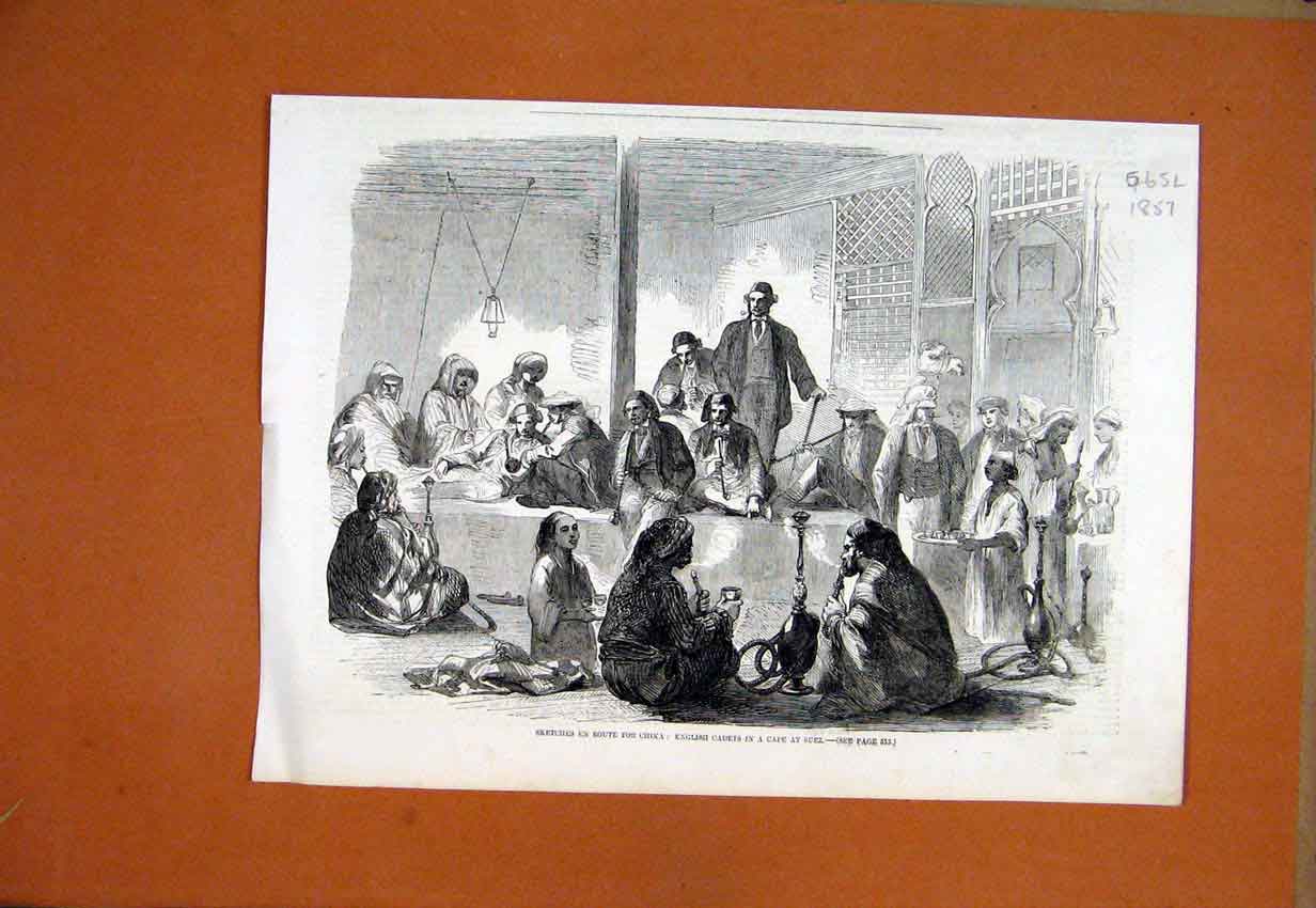 Original Old Antique Print 1857 English Cadets Caf∆? Suez En Route China Sketch